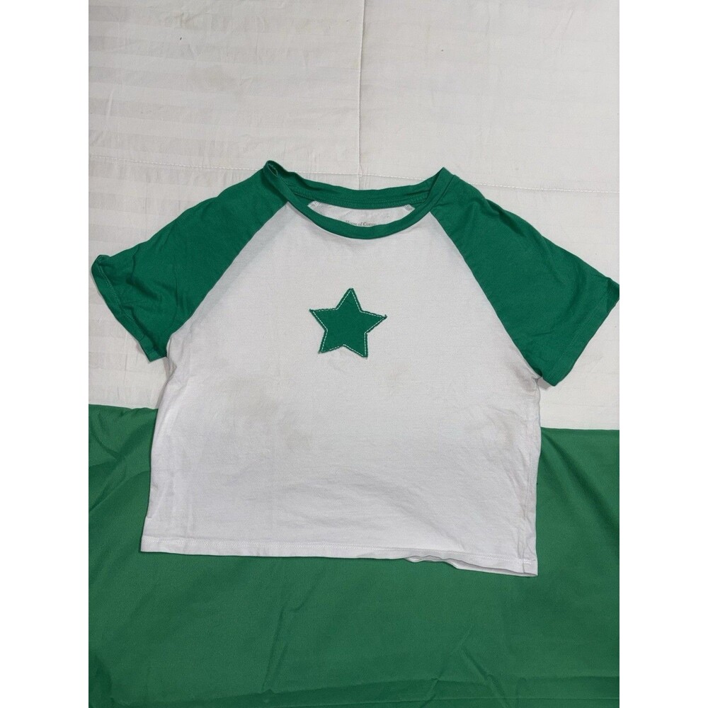 House of Cotton Raglan Sleeve Crop Top White/Kelly Green Sz Small